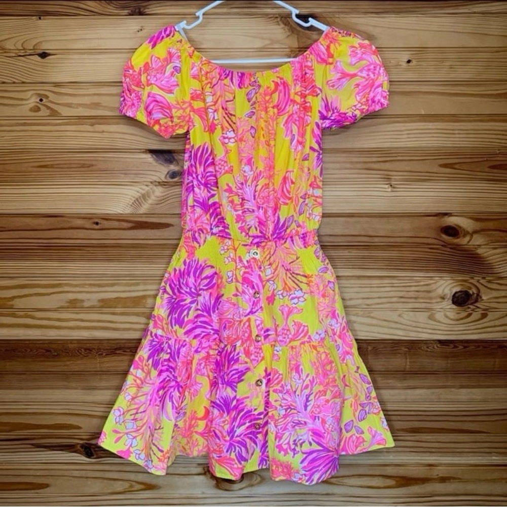 Lilly Pulitzer Jesiba Calla Yellow Floral Coral Off Shoulder Romper extra smalll